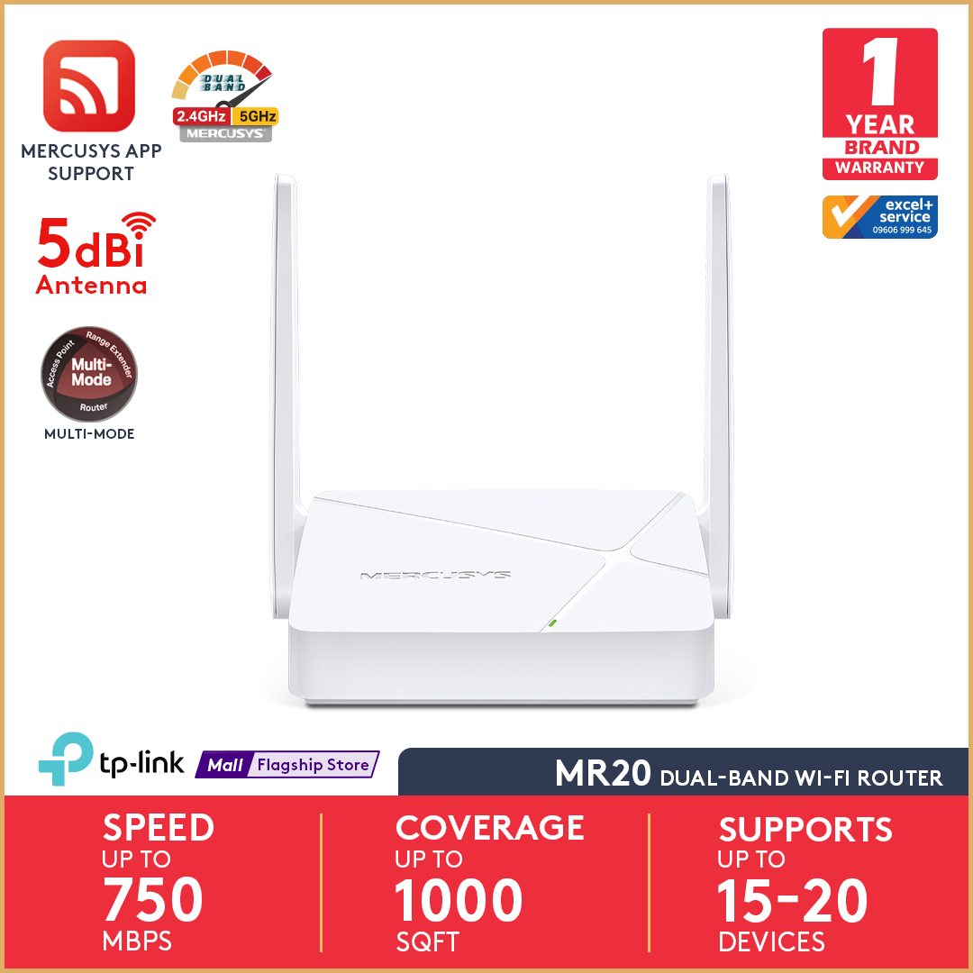 Mercusys MR20 AC750 Wireless Dual Band Wi-Fi Router | 750 Speed Multi-Mode | 2 High Gain External Antennas | IPTV and IPv6 Supported