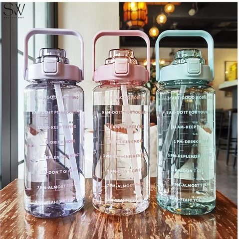 2000ml Gradient Frosted Water Bottle with Handle & Straw – Large Insulated Portable Cup for Outdoor Camping, Hiking, Gym & Travel - Multicolor