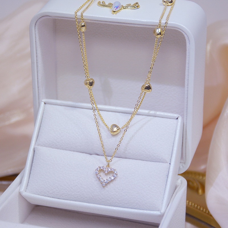 Korean Double Layer Heart Necklace Shiny Bling Zircon For Women Clavicle Chain Elegant Charm Wedding Pendant Choker Jewelry Gift - Necklace For Girls