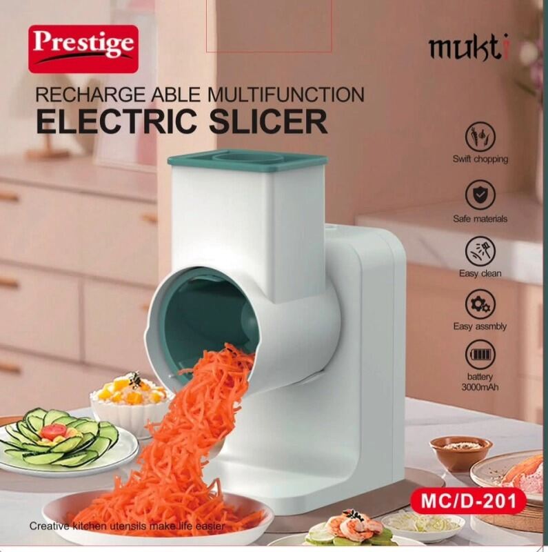Prestige MC/D-201 Rechargeable Multifunction Electric Slicer | Electric Vegetable Cutter | Salad Maker | Cheese Grater | 3000mAh Kitchen Food Processor