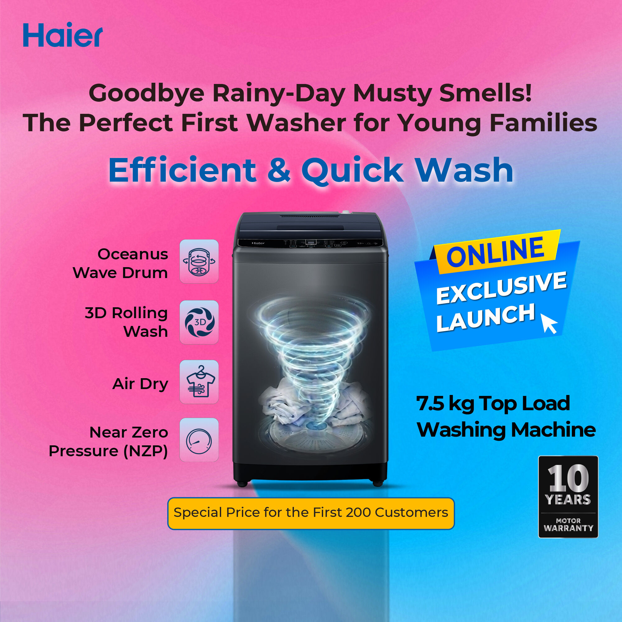 Haier 7.5kg Top Load Automatic Washing Machine | Air Dry | 3D Rolling Wash |10 Years Motor Warranty | Free delivery & Installation (HWM75-ABFIS6)