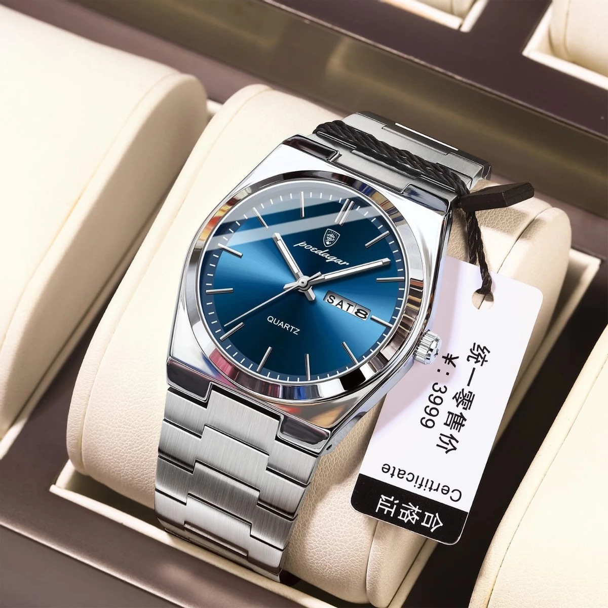 POEDAGAR 930 Men's Stainless Steel Watch – Water Resistant, Luminous Display, Date & Day Feature