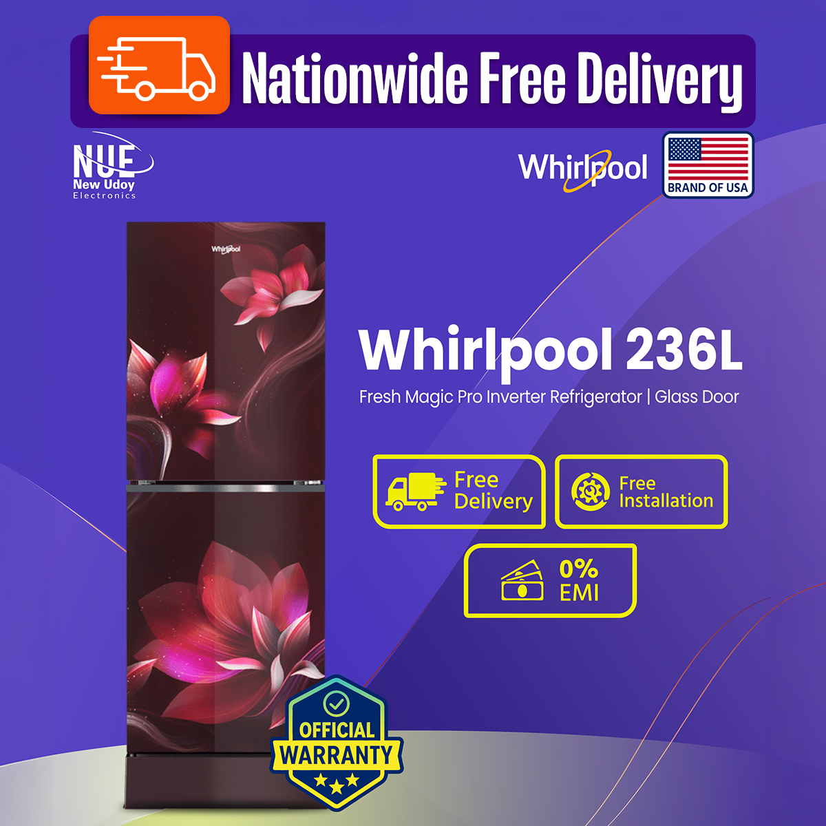 Whirlpool 236 Liter Fresh magic Pro Inverter Glass Door Refrigerator (Floret Red) with Free Delivery